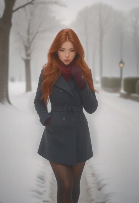 em5588, best illustration, illustration, masterpiece, best quality, ultra-detailed, photo of beautiful woman ,seductive, red hair.coat  ,in the park,   Winter, snow  ,  masterpiece) (best quality) (detailed) (8k) (HDR) (wallpaper) (cinematic lighting) (sharp focus) (intricate)