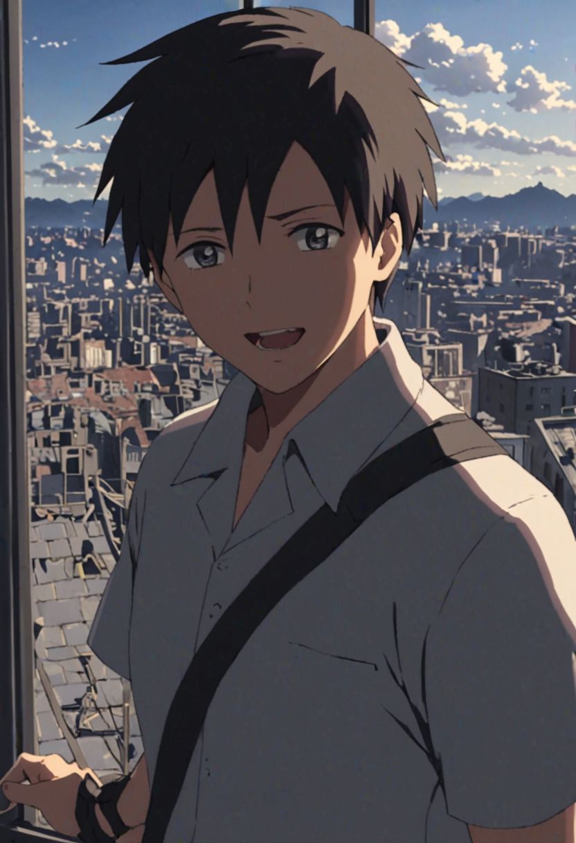 Highres, Masterpiece, High Quality, 4K, 8K, solo, 1Boy, Takaki Toono, adult, black hair, short hair, high-rise rooftops, city view, wide sky, strong wind, portrait, enthusiastic, excited, standing, dramatic, window, balcony, building, easynegative, detailed_eye_model