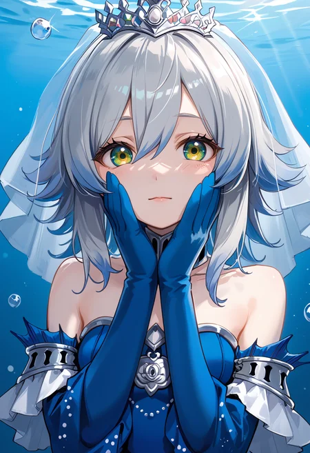 (score_9:0.9),score_8_up,score_7_up,rating_safe,anime style,(zPDXL),(zPDXL3),<lora:Tearlaments Merrli ponyXL v1.1:0.7>,sleeves past wrists,tearlaments merrli,blue dress,silver tiara,blue detached sleeves,mermaid,1girl,solo,hands on own face,looking at viewer,upper body,blue bridal veil,underwater