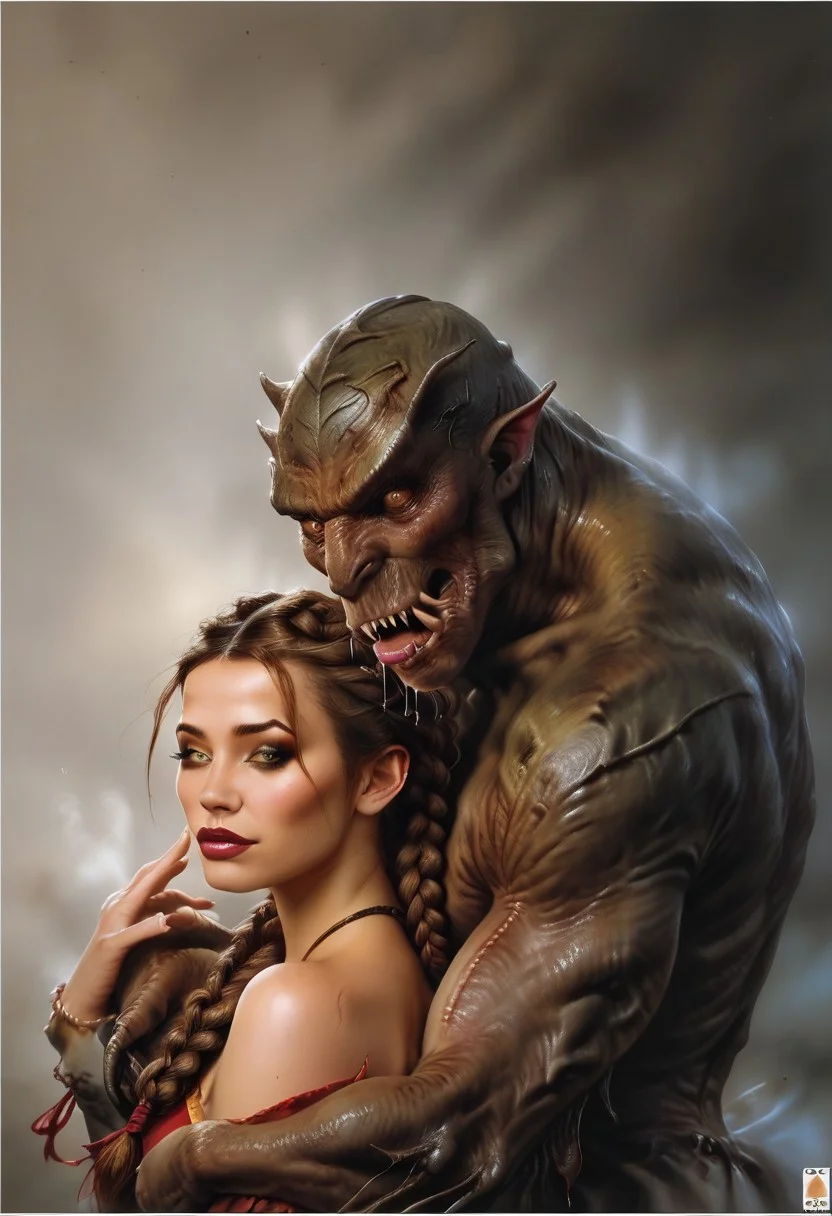 score_9, score_8_up, score_7_up, score_6_up, semi-realistic, MonsterLove. Hug.
BREACK.
(1boy), male monster.
BREACK.
(1girl), sexy makeup, ((braid twintail)).