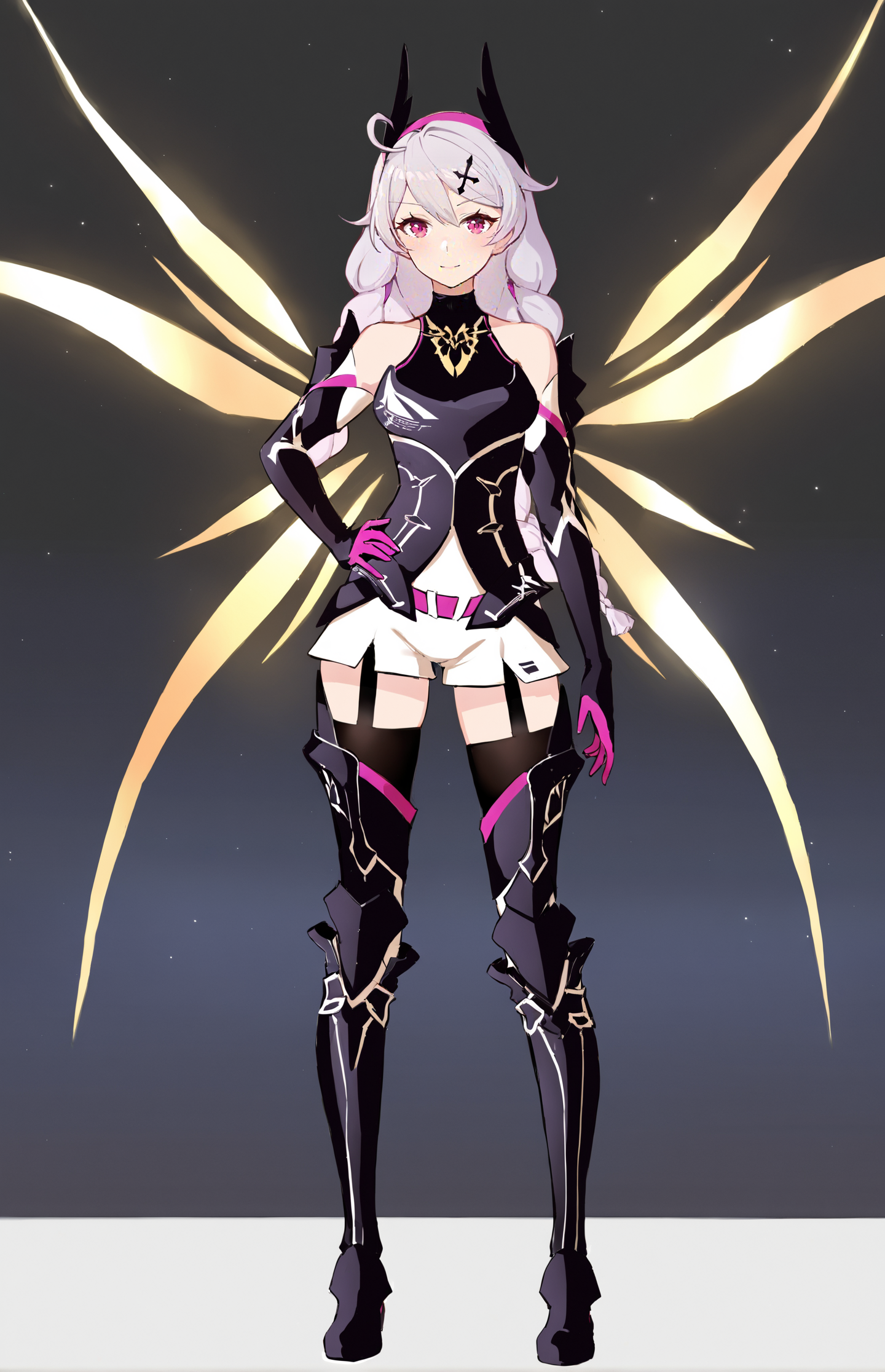 score_9, score_8_up, score_7_up, score_6_up, 8k, best quality, masterpiece, (ultra-detailed:1.1), (high detailed skin), 
(full body), (black background:1.1), standing, looking at viewer, (solo), hand on hip, 
<lora:kiana-young-kohaku-Tanger-000011:0.8>, kiana kaslana, dark yueguang, 4th clothes, 1girl, gloves, long hair, boots, thighhighs, energy wings, black footwear, hair ornament, braid, bangs, thigh boots, 
(beautiful_face), ((intricate_detail)), clear face, 
((finely_detailed)), fine_fabric_emphasis, 
((glossy)), full_shot,