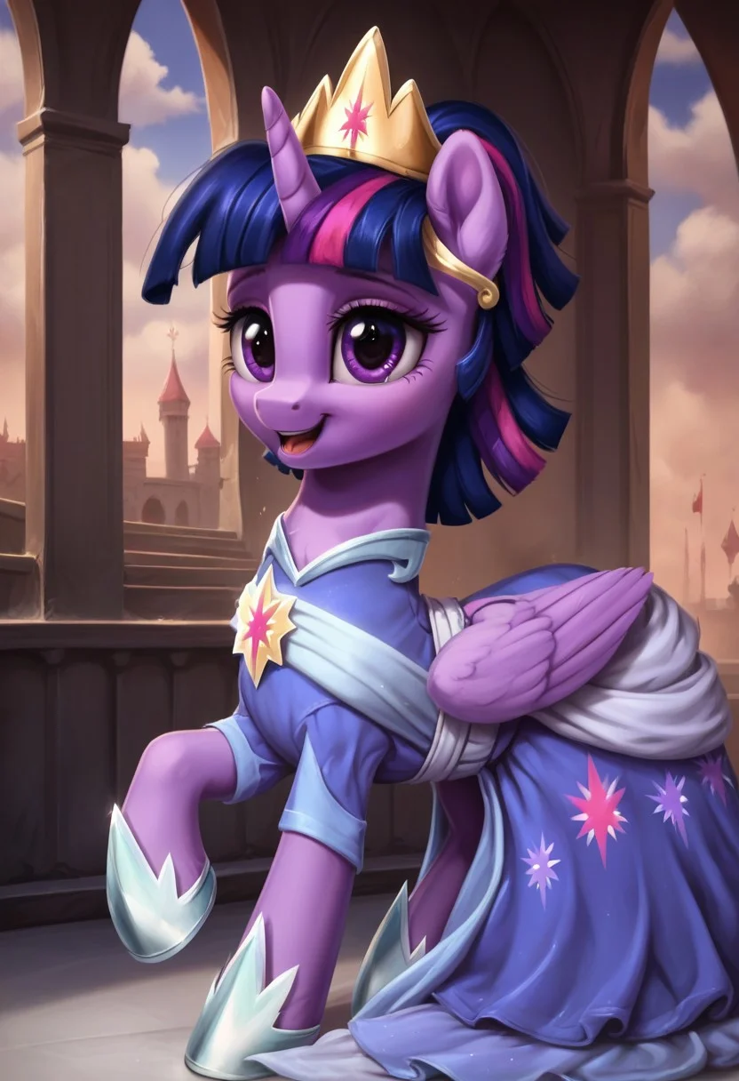 my little pony, ((feral pony)),Twilight_sparkle
<lora:second_coronation_dress_Twilight_sparkle:1> pony, a long elegant lilac dress with white and blue elements, blue shoes, a gold crown with a star in the middle
score_9, score_8_up, score_7_up, score_6_up, score_5_up, score_4_up, rating_safe, an abandoned castle-like building, the room is in semi-darkness and pierced by rays of light shining through the high arched window openings, a wide staircase leading upwards to the altar, the staircase is decorated with an elegant baluster railing. Everything is covered with layers of dust and covered with vegetation,, mlp (( pony, little, )), (high quality, detailed, beautiful), shiny, adorable face, detailed beautiful eyes, realistic, outstanding, contrast, detailed soft lighting, fluff in ears, ((pony,)), (high quality, detailed, beautiful), shiny, adorable face, detailed beautiful eyes, realistic, outstanding, contrast, detailed soft lighting, fluff in ears, cinematic vintage photography,