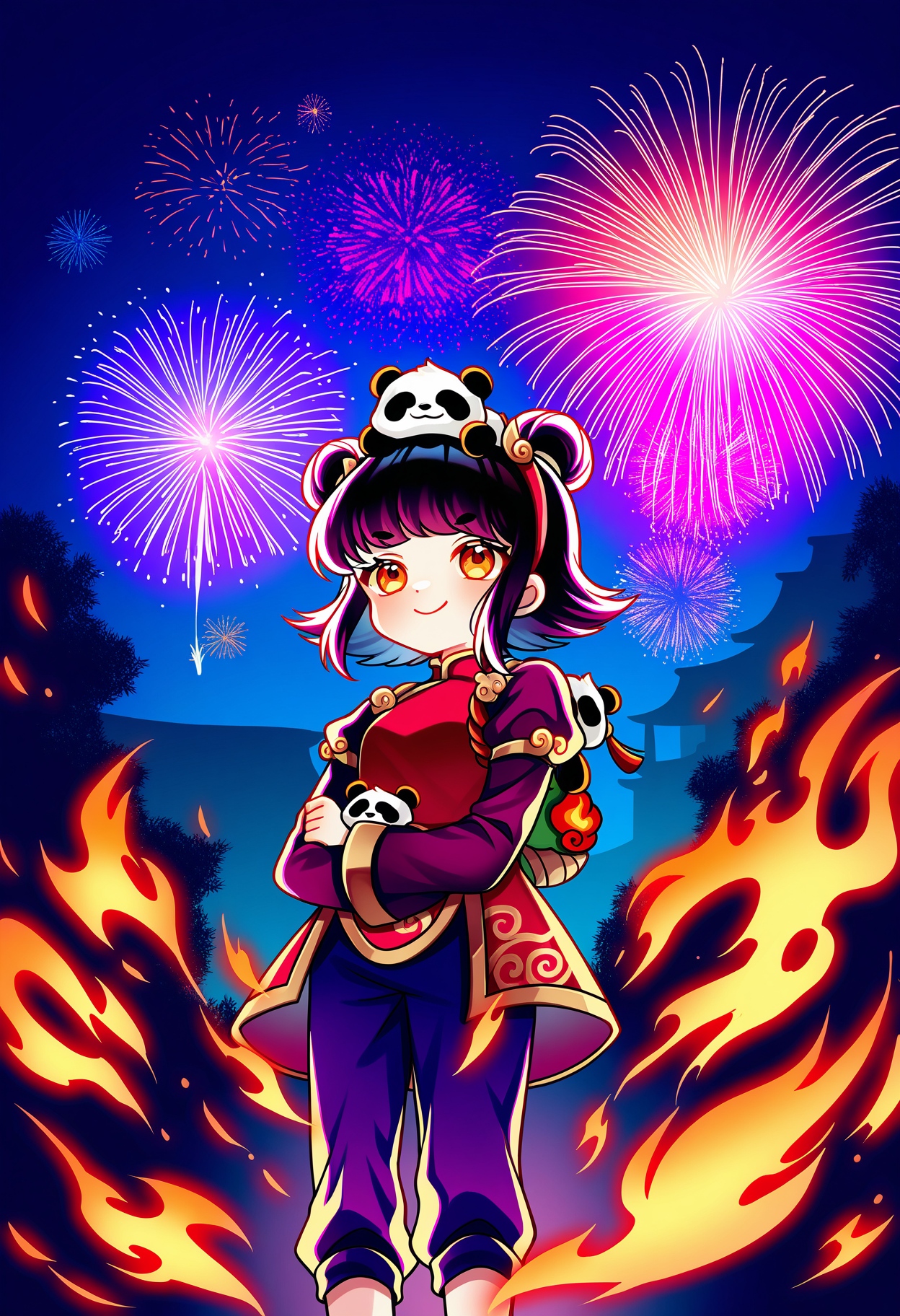 annie \(league of legends\), panda annie, league of legends, tunako, 1girl, smile, short hair, bangs, shirt, black hair, hair ornament, long sleeves, dress, closed mouth, standing, purple hair, hairband, pants, orange eyes, chinese clothes, night, outdoors, fireworks, fire, (black background,:0.5) on head,  flame,  purple pants, panda on head, stuffed toy, stuffed animal, 
(masterpiece:0.5) scenery,