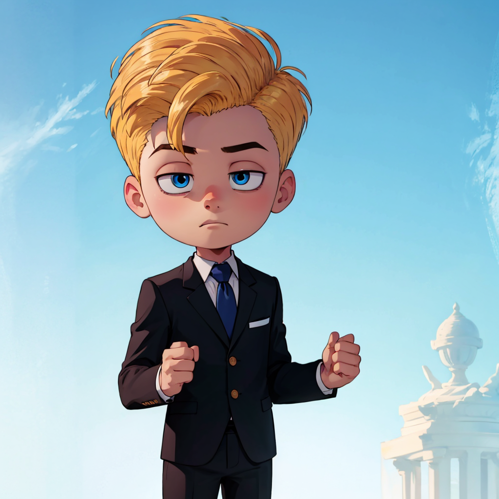 solo, Lou, 1boy, blonde hair, suit, black suit, formal, blue necktie, blue eyes, child, chibi,  ,  <lora:Lou_uglydolls_Leaf2:0.6>,  blue sky, cowboy shot,  gradient background,
