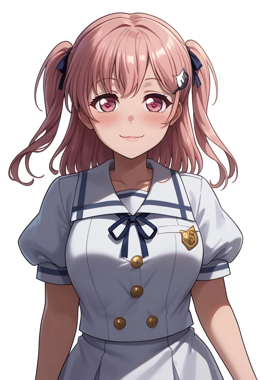score_8_up, score_7_up, score_6_up,core_5_up, score_4_up,, solo, 1girl,,source_anime,,masterpiece,mogudan,,best quality,,amazing quality,large_breast,1girl,<lora:Hiromachi_Nanami:1.0> nanami, long hair,pink hair,,close moutch, two side up, pink eyes,cat hair ornament ,blush
hairclip,adorable personality, ,quiet girl,cheerful,blushing,shiny skin,looking at viewer, blush, smile, simple background, , white background, dress, ribbon, hair between eyes, sitting, closed mouth, school uniform, collarbone, short sleeves, puffy sleeves, pink eyes, sailor collar, white dress, puffy short sleeves, neck ribbon, buttons,