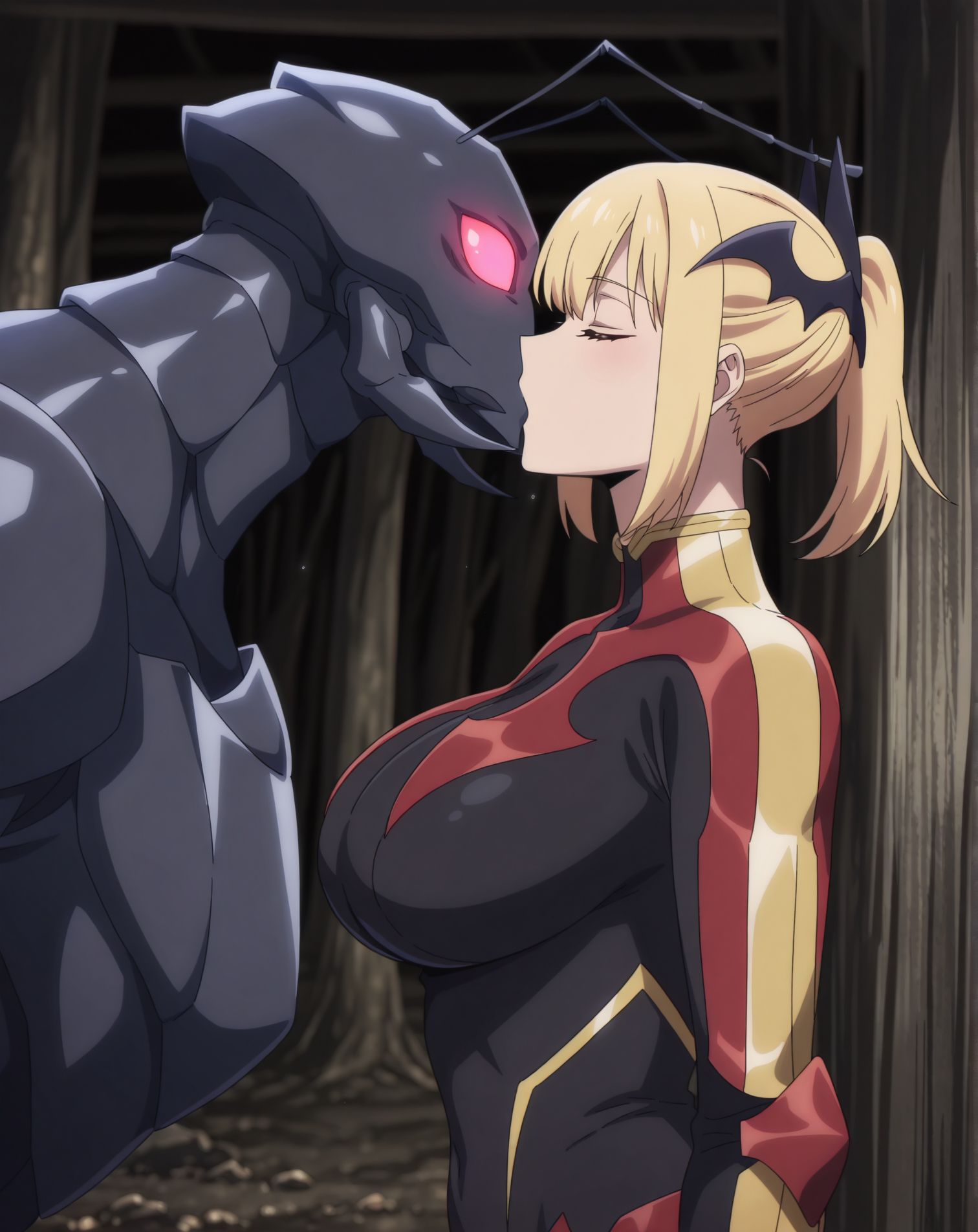 masterpiece,best quality,anime coloring,anime screenshot,
1girl,   1 monster male,  ant  monster head, human male body,kiss, standing, 
<lora:Hae-In_C2:0.8>, haein2, blonde hair, purple eyes, short hair, bodysuit,   hair ornament, breasts, bat hair ornament, black bodysuit,large breasts, 
beru, (arthropod boy), red eyes, armor male, glowing eyes,  closed eyes female