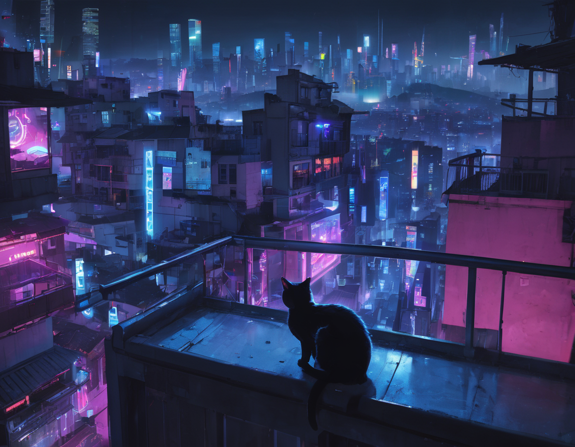 <lora:wkas:0.4>wkas, neon lights, city, balconey, spaceships, sleeping cat, cyberpunk