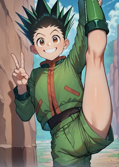 masterpiece, best quality, newest, absurdres, highres 1boy, solo, male focus, <lora:IlluGon-000010:1> illugon, black hair, green hair, spiked hair, brown eyes, green jacket, green shorts, green boots, standing split, double v, flexible, outdoors, grin, cowboy shot,