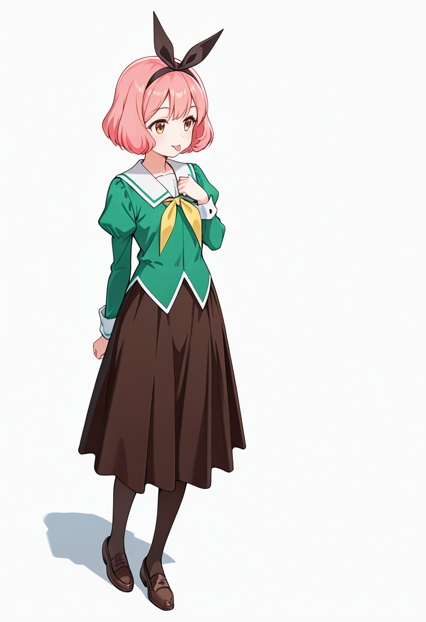 masterpiece,high quality details,absurdres, 
 <lora:Koshiba_Mai:0.8>
mar_cnr, 1girl, pink hair, short hair, bangs, brown eyes,black hairband,
mar_s1,green shirt, white sailor collar, serafuku,long skirt,black-brown skirt, juliet sleeves,pantyhose, loafers,, simple background, white background, dutch angle,solo,, :p,