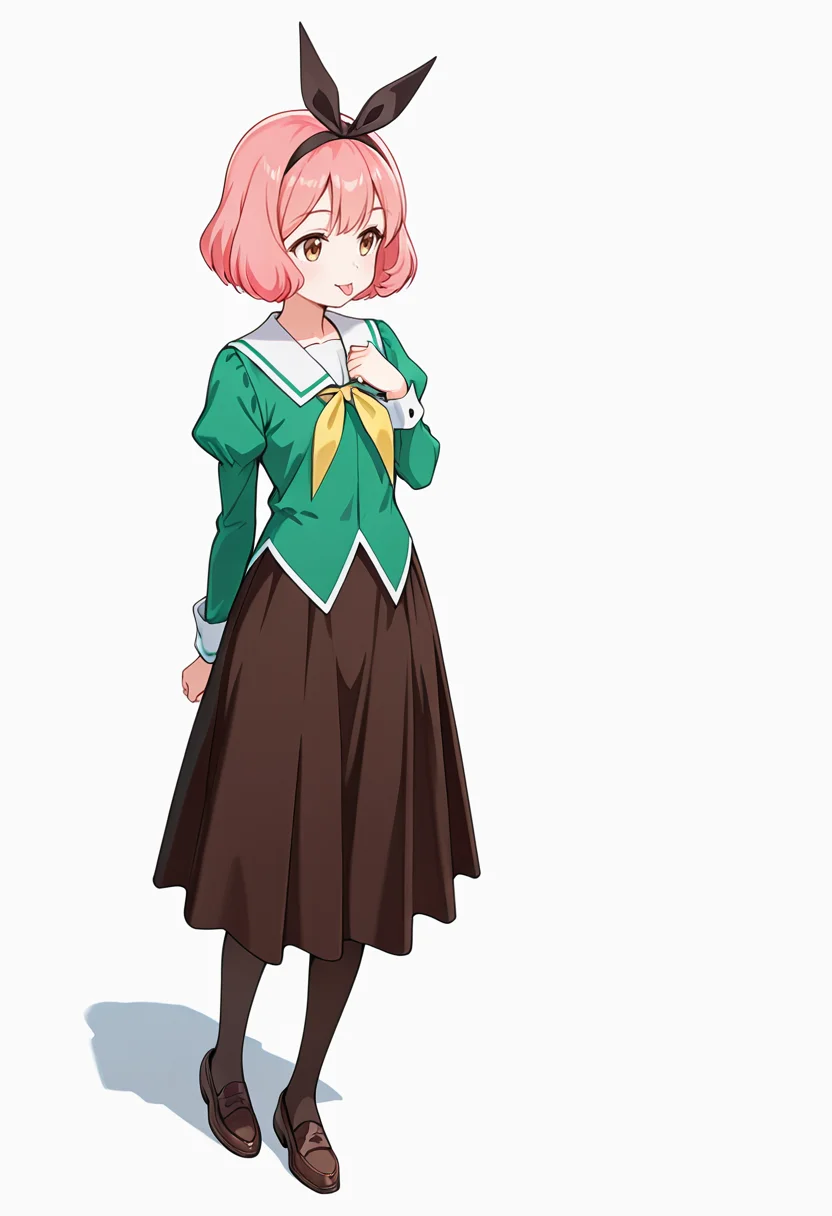 masterpiece,high quality details,absurdres,
<lora:Koshiba_Mai:0.8>
mar_cnr, 1girl, pink hair, short hair, bangs, brown eyes,black hairband,
mar_s1,green shirt, white sailor collar, serafuku,long skirt,black-brown skirt, juliet sleeves,pantyhose, loafers,, simple background, white background, dutch angle,solo,, :p,