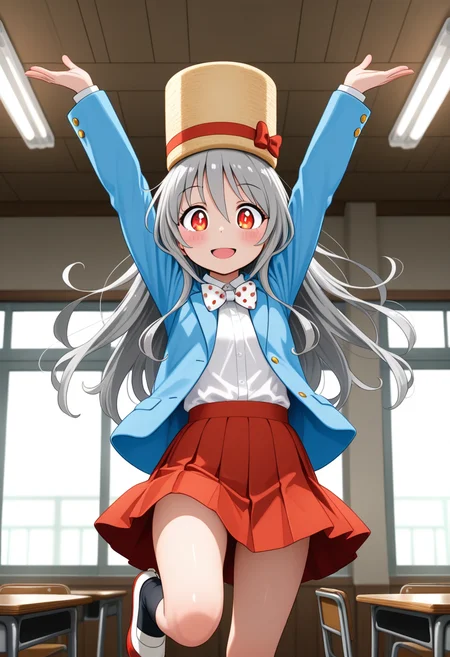 umami-chan, long hair, grey hair, red eyes, hat,
white bowtie, polka dot, blue jacket, jacket, mary janes, long sleeves, red skirt, pleated skirt, black kneehighs, white footwear, uwabaki
 <lora:umami-chan_Illustrious-XL-2.0_v1:1>, masterpiece,best quality,amazing quality, solo,1girl,, standing, (dynamic pose) , blush,
looking at viewer,cowboy shot,open mouth,light smile, 
(indoors, )