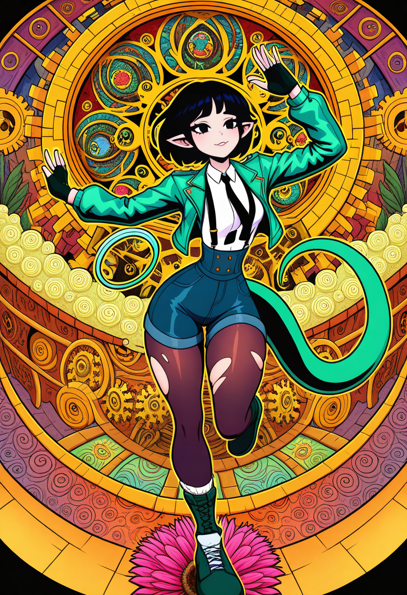 acid-art, lsd-art, trippy, gears, dancing, fisheye, detailed glasswork, reptiles, scale,
high_contrast,drop_shadow,chromatic_aberration, colorful, flower, bodypaint, 
jiandoe, tail, pointy ears, default clothes, green jacket, 1girl, black hair, torn clothes, gloves, fingerless gloves, shorts, torn  pantyhose, suspenders, necktie, sling,
narrow waist, thighs,
sensitive, 
masterpiece,best quality, very aesthetic, absurdres, illustration,
<lora:jiandoe-noob-Tanger:0.2> <lora:Daisy-Acid:0.7>