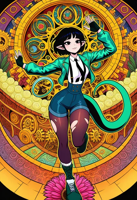 acid-art, lsd-art, trippy, gears, dancing, fisheye, detailed glasswork, reptiles, scale,
high_contrast,drop_shadow,chromatic_aberration, colorful, flower, bodypaint, 
jiandoe, tail, pointy ears, default clothes, green jacket, 1girl, black hair, torn clothes, gloves, fingerless gloves, shorts, torn  pantyhose, suspenders, necktie, sling,
narrow waist, thighs,
sensitive, 
masterpiece,best quality, very aesthetic, absurdres, illustration,
<lora:jiandoe-noob-Tanger:0.2> <lora:Daisy-Acid:0.7>