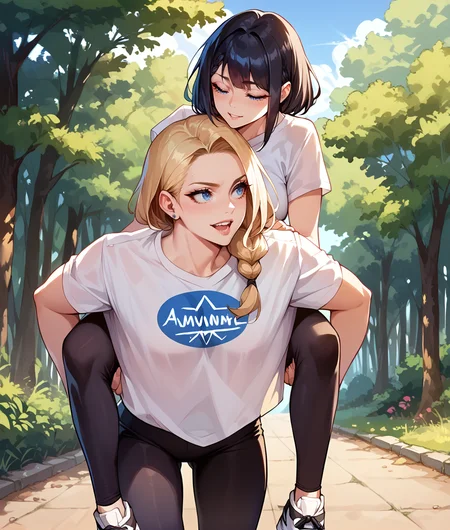 score_9, score_8_up, score_7_up, source_anime, 2girls, multiple girls, blonde hair, blue eyes, black hair, single braid, leggings, t-shirt, carrying, outdoors, <lora:Piggyback:1>,