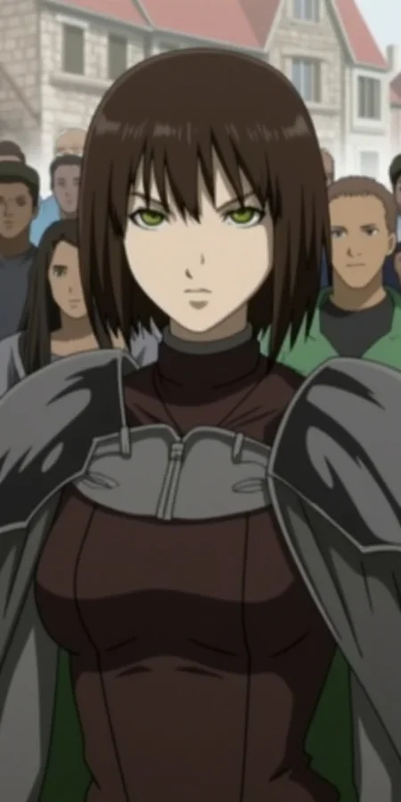 1girl, shoulder length dark brown hair, green eyes, brown leather armor, grey wool cloak, thief, castle market, outdoor, crowds, smooth chin, narrow nose, attractive face, Dark Fantasy, serious face