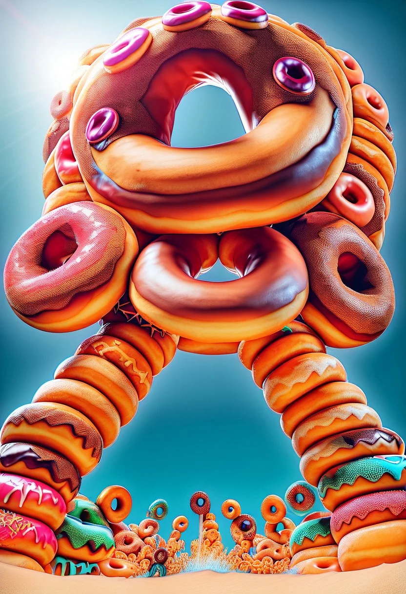 low angle, funky purple octopus made of doughnuts, spinning
made of doughnuts, DJ set, beach party made of doughnuts, orange sunset made of doughnuts, blue sky made of doughnuts, crashing ocean blue and white waves made of doughnuts, ral-octprms, d0nu71f13d