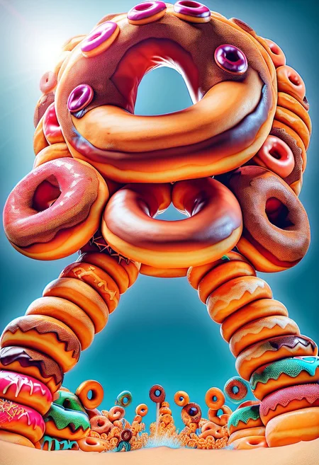 low angle, funky purple octopus made of doughnuts,  spinning 
 made of doughnuts, DJ set, beach party made of doughnuts, orange sunset made of doughnuts, blue sky made of doughnuts,  crashing ocean blue and white waves made of doughnuts, ral-octprms, d0nu71f13d