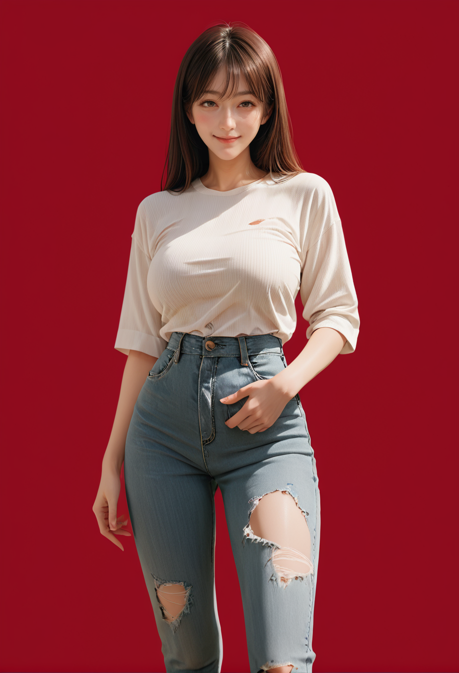 1girl,red background,,ruanyi0966,torn jeans,pantyhose,white shirt,black pantyhose,
standing,bottomless,take off pants,<lora:0966 Home wear 13_v1_pony:1>, score_9, score_8_up, score_7_up, score_6_up, score_9, score_8_up, score_7_up, score_6_up source_anime, blush, 1girl, seduce smile, perfect body , natural huge breasts
