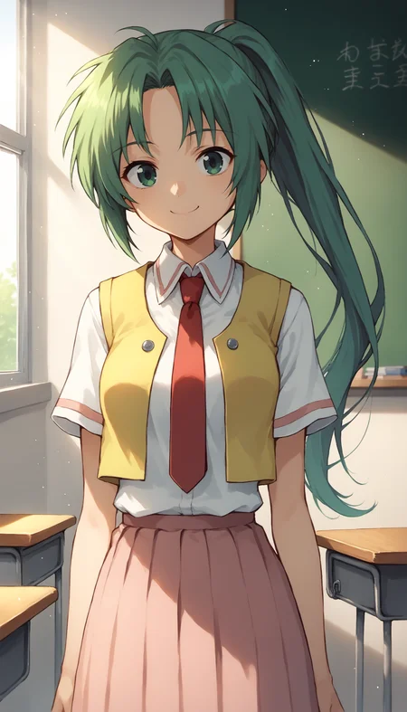 score_9, score_8_up, score_7_up BREAK source_anime, 1girl, solo, Mion Sonozaki, green eyes, ponytail, green hair, white shirt, red necktie, yellow vest, red skirt, <lora:[P]Sonozaki Mion_v1:1>, indoors, classroom, blackboard, windows, sunlight, smile