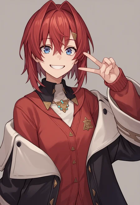 score_9, score_8_up, score_7_up, source_6_up, source_4_up, source_4_up, source_anime, ak1, blue eyes, red hair, short hair, hair between eyes, hair intakes, hairclip, hair ornament, cardigan, red cardigan, off shoulder, coat, black coat, long coat, jacket, black jacket, smile, happy, grin, looking at viewer, peace sign, closed mouth<lora:AngeKatrinaXLv2-19:1>