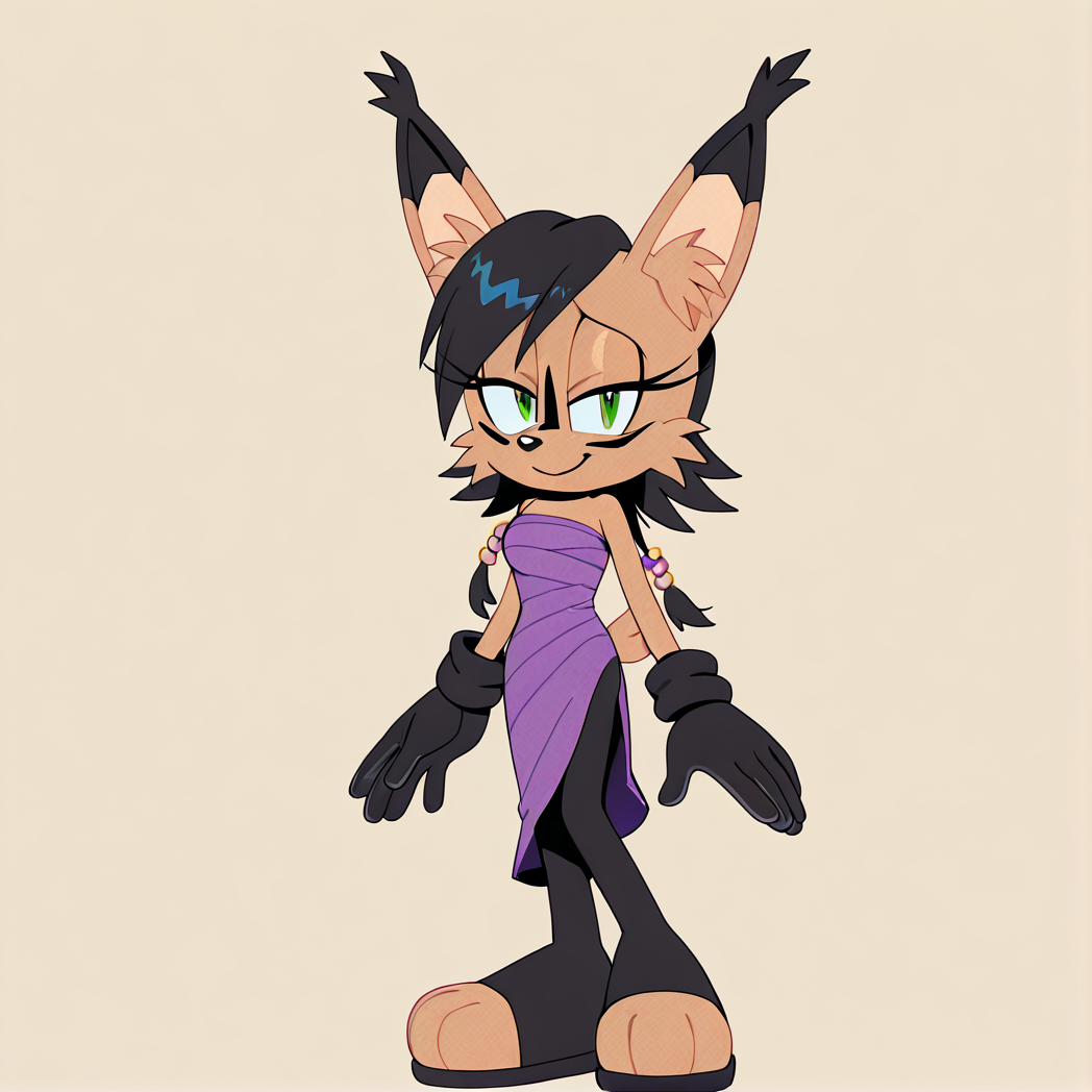 <lora:nicole_lynx_illustrious-000010:1>,  (masterpiece), (best quality), (ultra-detailed), amazing quality, very aesthetic, illustration, perfect composition, intricate details, absurdres, incredibly absurdres, nicole the lynx, 1girl, breasts, looking at viewer, smile, short hair, gloves, bare shoulders, jewelry, green eyes, standing, tail, full body, pantyhose, black pantyhose, strapless, half-closed eyes, sonic the hedgehog \(series\), furry, furry female, black hair, animal ears, animal nose, animal ear fluff, solo, solo focus, body fur, brown fur, facial markings, 1girl. solo,  <lora:TMoStH-Illustrious:1> tmosth,  (flat color, black shading, sloppy coloring), hatching \(texture\)