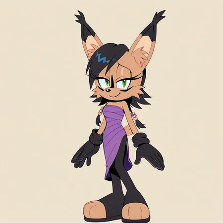 <lora:nicole_lynx_illustrious-000010:1>, (masterpiece), (best quality), (ultra-detailed), amazing quality, very aesthetic, illustration, perfect composition, intricate details, absurdres, incredibly absurdres, nicole the lynx, 1girl, breasts, looking at viewer, smile, short hair, gloves, bare shoulders, jewelry, green eyes, standing, tail, full body, pantyhose, black pantyhose, strapless, half-closed eyes, sonic the hedgehog \(series\), furry, furry female, black hair, animal ears, animal nose, animal ear fluff, solo, solo focus, body fur, brown fur, facial markings, 1girl. solo, <lora:TMoStH-Illustrious:1> tmosth, (flat color, black shading, sloppy coloring), hatching \(texture\)