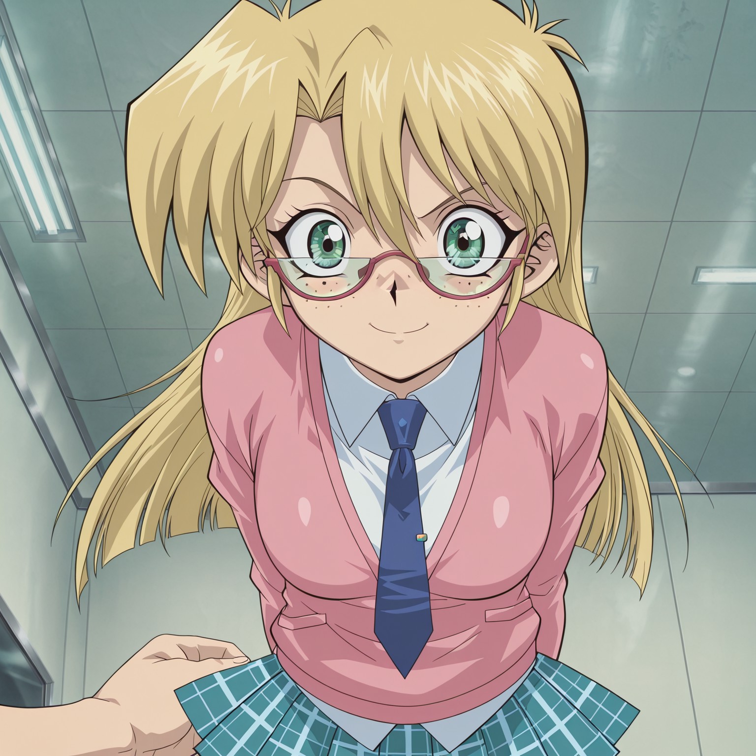 masterpiece, best quality, amazing quality, amazing quality,very aesthetic,absurdres,best quality,newest,masterpiece, breasts, anime screencap, anime artstyle, winking, happy, breasts, anime screencap, anime coloring,safe_pos, safe_pos, score_9, score_8_up, score_7_up, yu-gi-oh!, rebecca hawkings, blonde hair, long hair, glasses, green eyes, freckles, skirt, uniform, necktie