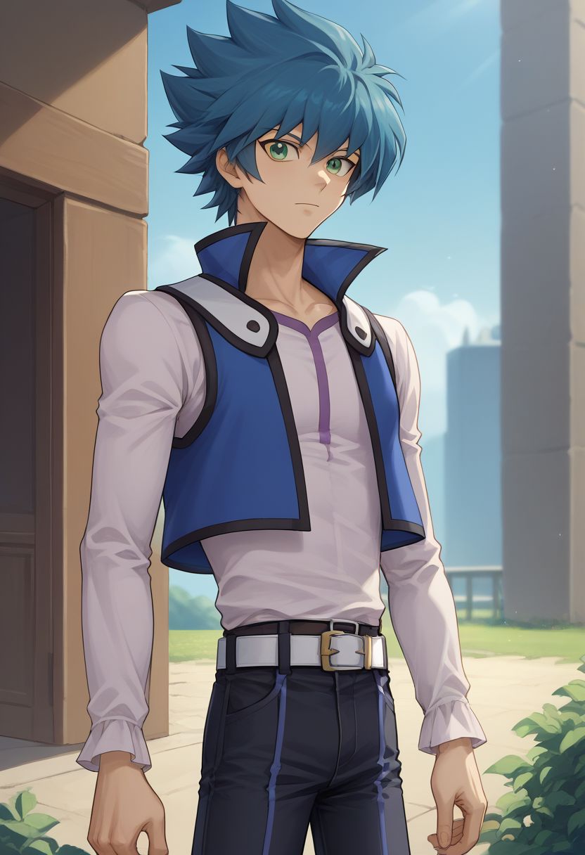 score_9, score_8_up, source_anime, highly detailed, 1boy, solo, slender, skinny
jesse, 1boy, male focus, solo, green eyes, belt, duel academy uniform (yu-gi-oh! gx), blue hair, pants, vest, spiked hair, long sleeves,
outdoor,