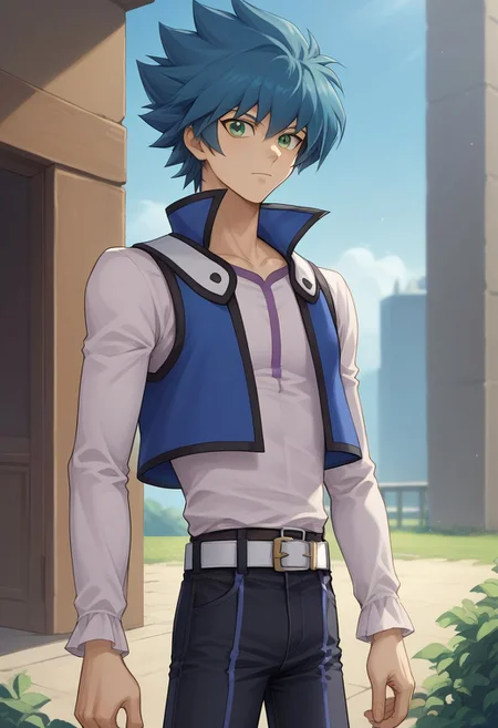 score_9, score_8_up, source_anime, highly detailed, 1boy, solo, slender, skinny
jesse, 1boy, male focus, solo, green eyes, belt, duel academy uniform (yu-gi-oh! gx), blue hair, pants, vest, spiked hair, long sleeves,
outdoor,