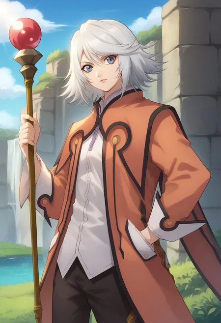 score_9, score_8_up, score_7_up, source_anime, highly detailed,
rainesage, solo, blue eyes, pants, staff, coat, grey hair,
1girl, orange coat, pants, shirt, white shirt, long sleeves, upper body,
outdoor,