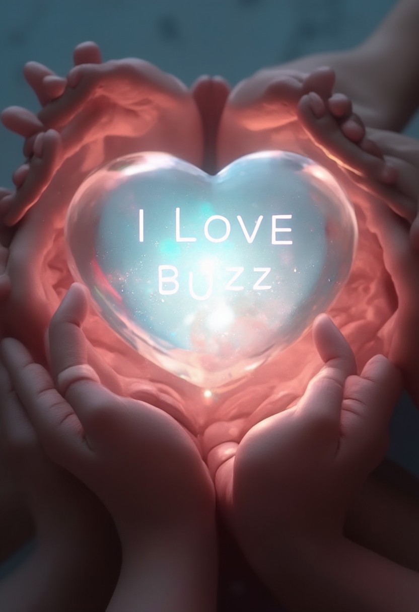 A hyper-realistic digital artwork of diverse hands stacked together with palms facing upward, symbolizing unity and offering. At the center of the hands rests a very large, beautiful, translucent heart-shaped made of crystal ball, radiating soft light. Inside the crystal ball are two lines of glowing text reads 'I LOVE BUZZ,' . Use a smaller, elegant font to ensure all the text fits perfectly inside the crystal ball, with no typos. The background is softly blurred, drawing focus to the hands and the crystal ball, creating a sense of harmony and inspiration.