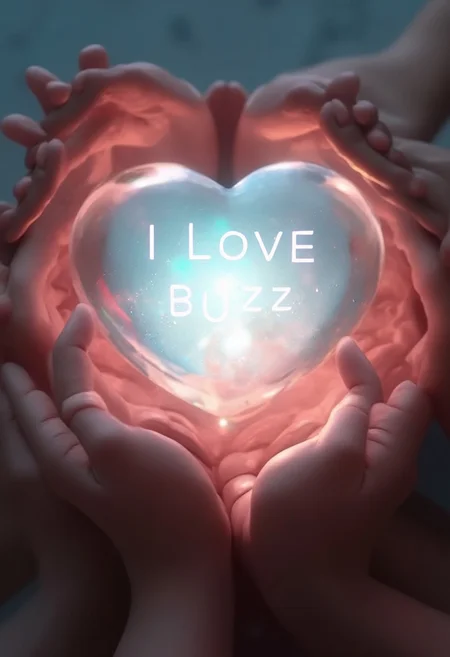 A hyper-realistic digital artwork of diverse hands stacked together with palms facing upward, symbolizing unity and offering. At the center of the hands rests a very large, beautiful, translucent heart-shaped made of crystal ball, radiating soft light. Inside the crystal ball are two lines of glowing text reads 'I LOVE BUZZ,' . Use a smaller, elegant font to ensure all the text fits perfectly inside the crystal ball, with no typos. The background is softly blurred, drawing focus to the hands and the crystal ball, creating a sense of harmony and inspiration.