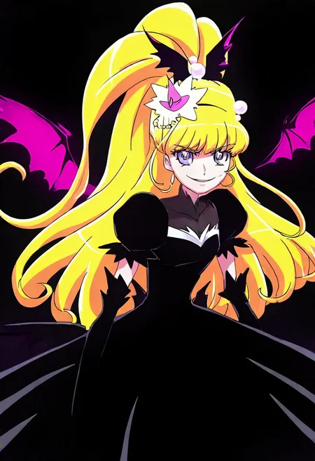 cure miracle, cure miracle \(diamond style\), crmrcldiamond, blonde hair, high ponytail, half updo, very long hair, shiny hair, hair beads around ponytail, eyebrows visible through hair, purple eyes, eyelashes, mini witch hat,
black dress, black costume, small devil wing,
simplebackground, dark indoor, evil smile ,spot light