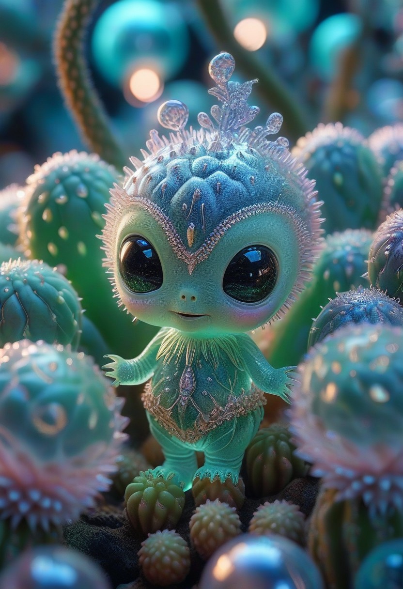 reality-shot, realism, realistic photography of a cute alien lifeform covered with cactus, pirate bay, intricate details, ultra sharp, goa, psychodelic, glowing neon, blacklight ornaments <lora:TQCrytalFlower:1> crystal flower