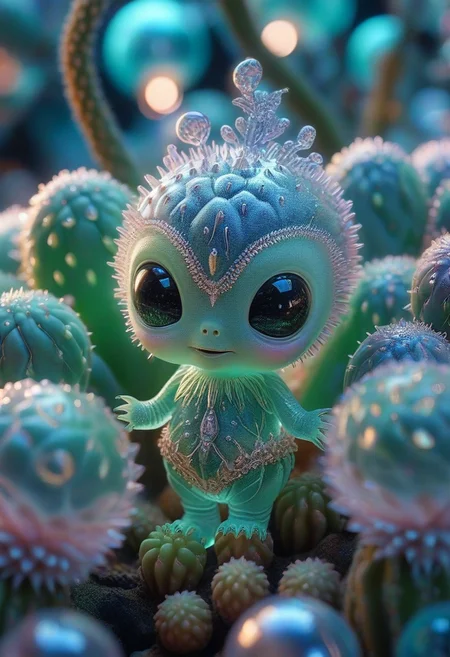 reality-shot, realism, realistic photography of a cute alien lifeform covered with cactus, pirate bay, intricate details, ultra sharp, goa, psychodelic, glowing neon, blacklight ornaments <lora:TQCrytalFlower:1> crystal flower