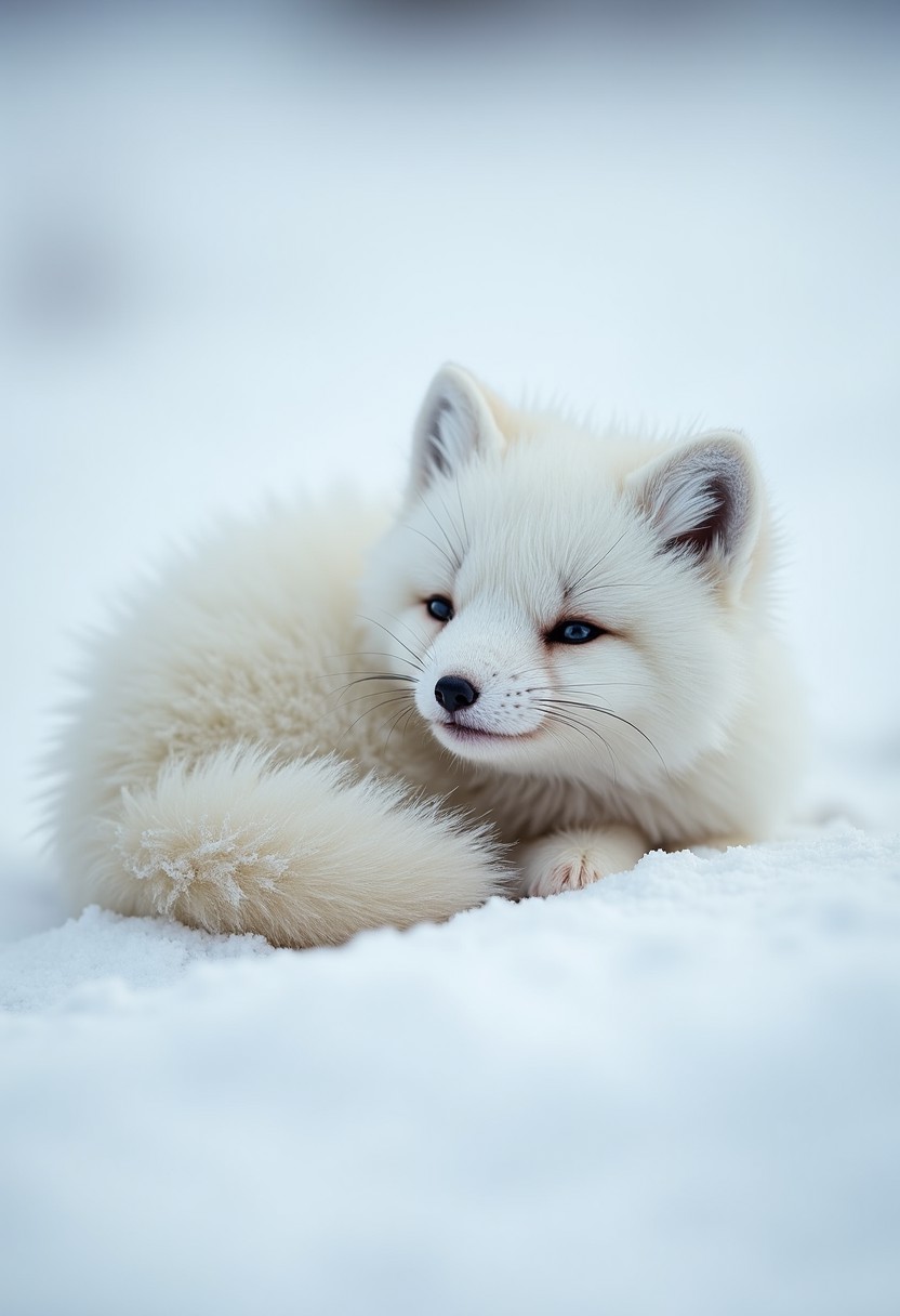 A small (fluffy Arctic fox) curls up in the snow, its soft, thick fur puffed up like a protective blanket against the cold. The fox's (wide, innocent eyes) shimmer with a delicate vulnerability, as if the harsh winter has softened its spirit. Its (tiny nose) peeks out from behind its (bushy, cloud-like tail), wrapped around itself for warmth. Each breath creates [faint wisps of cold air], highlighting the freezing environment. The fox's (round paws) press lightly into the snow, while its fur gives off a (cuddly, almost huggable appearance). The scene exudes a sense of (tenderness and fragility), evoking a desire to protect the tiny, adorable creature amidst the (vast, cold wilderness).