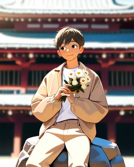 masterpiece, best quality, amazing quality, 1boy, solo, masterpiece, best quality, young man sitting on a rock, relaxed posture, casual outfit (beige jacket, white t-shirt, beige trousers), short dark hair, holding a small bouquet of flowers, slight smile, looking at the camera, outdoor setting, blurred background with architecture, candid lifestyle photography, shallow depth of field, bright and even lighting, sunny day, volumetric lighting, <lora:Bree_Style-000019:0.6>, breeze style