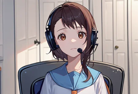 score_9, score_8_up, score_7_up, source_anime, solo, 1girl, OnoderaKosaki, sadlinus, headset, chair, indoors, school uniform, serafuku, blue sailor collar, white shirt <lora:concept_sadlinus_ponyXL:1> <lora:OnoderaKosaki_XLPD:1>