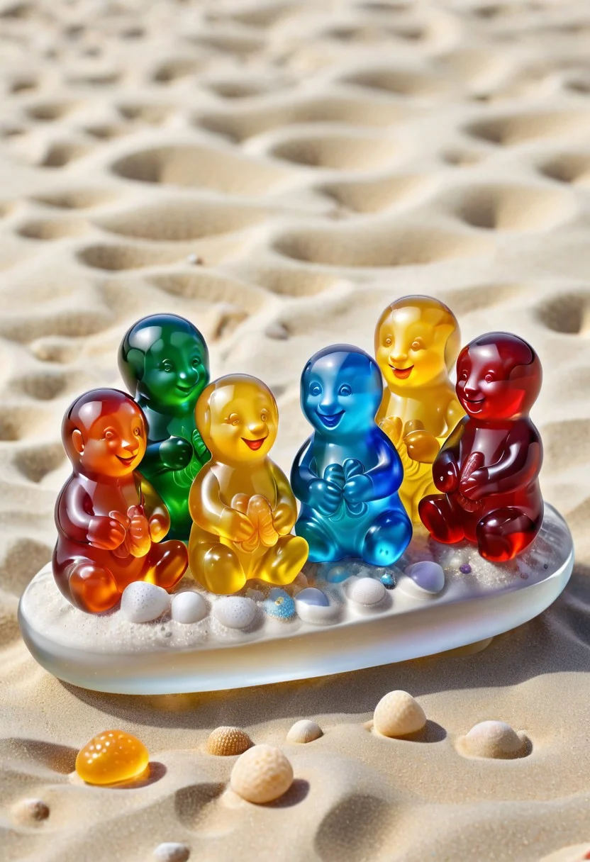 [(whimsical and colorful:1.30) ::0.30], (murano_glass_style Jelly Babies relaxing on the beach), [playful and joyful: beach scene: 0.70], a whimsical and colorful depiction of Jelly Babies enjoying a relaxing day on the beach, embodying a playful and joyful beach scene filled with fun and cheer