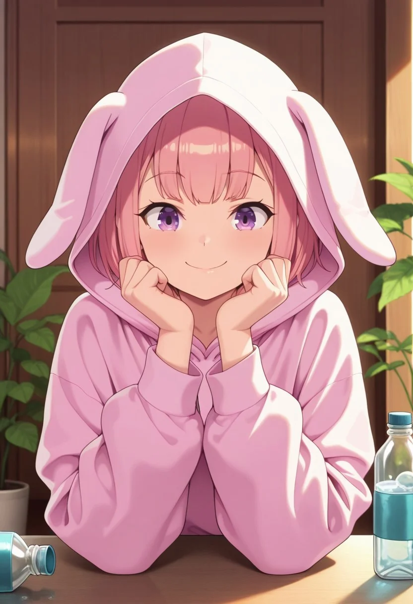 masterpiece,best quality,amazing quality, ashford lululee, pink hair, short hair, purple eyes, 1girl, solo, hood, smile,, hood up, bottle, closed mouth, hoodie, plant, animal hood, long sleeves
