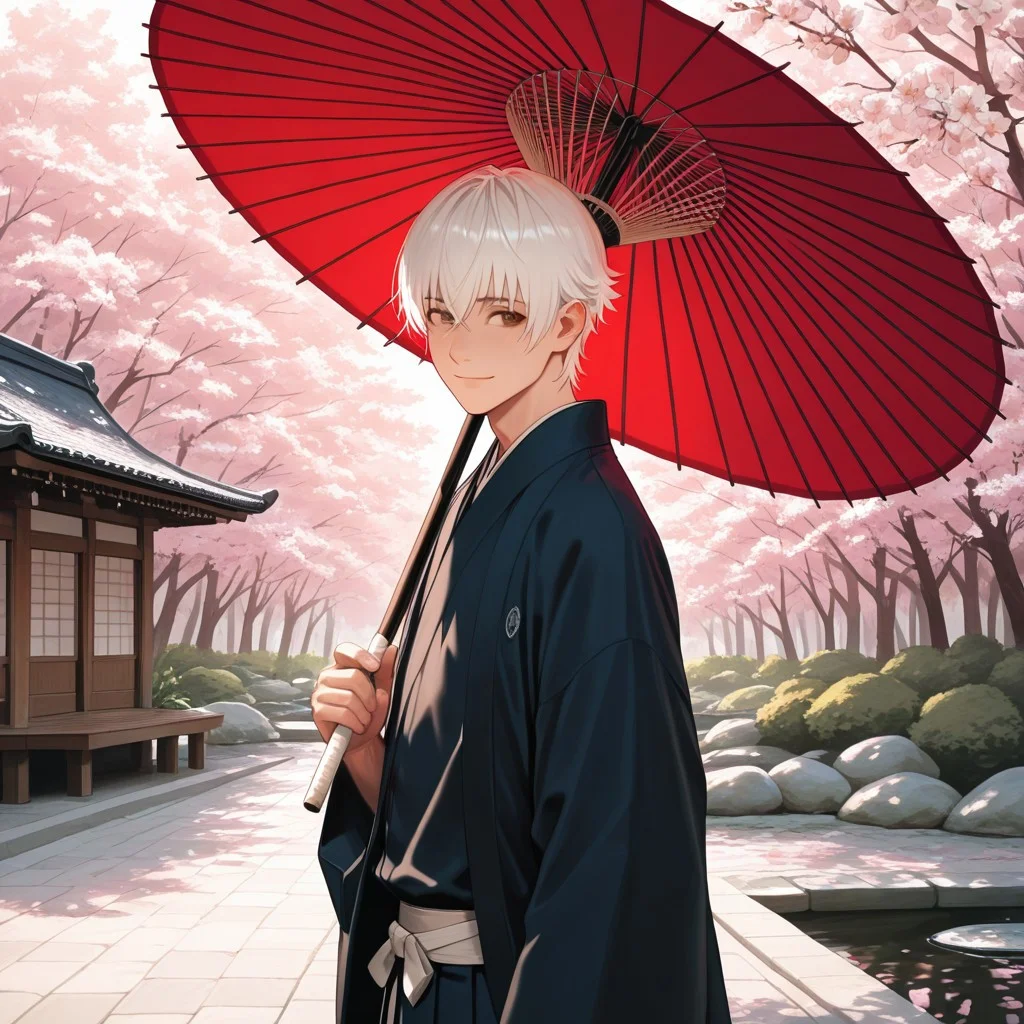 masterpiece, best quality, amazing quality, absurdres, newest, detailed background, definition so sharp, Ultra-HD, 8K cinematic, very awa, impressionate, amazing quality, highres,
solo, male focus, manly,
yashiroisana, 1boy, short hair, bangs, shiro_white hair, shiro_brown eyes, oil-paper umbrella, walking, looking to the side, gentle smile, calm expression, traditional Japanese garden, pond, cherry blossoms, soft lighting, aesthetic, peaceful, playful curiosity, tranquil
