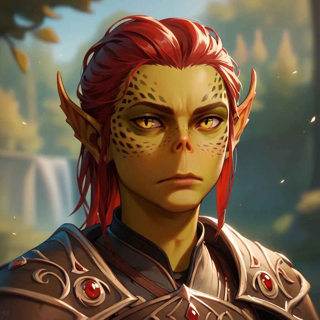 (((beautiful, high quality))), upper body, score_9, score_8_up, score_7_up, solo,
Gith, pointed ears, spots on skin, flat nose, 1boy, male focus, yellow eyes, red hair, freckles, armor,
Outdoor, fantasy background, nature, blurred background,