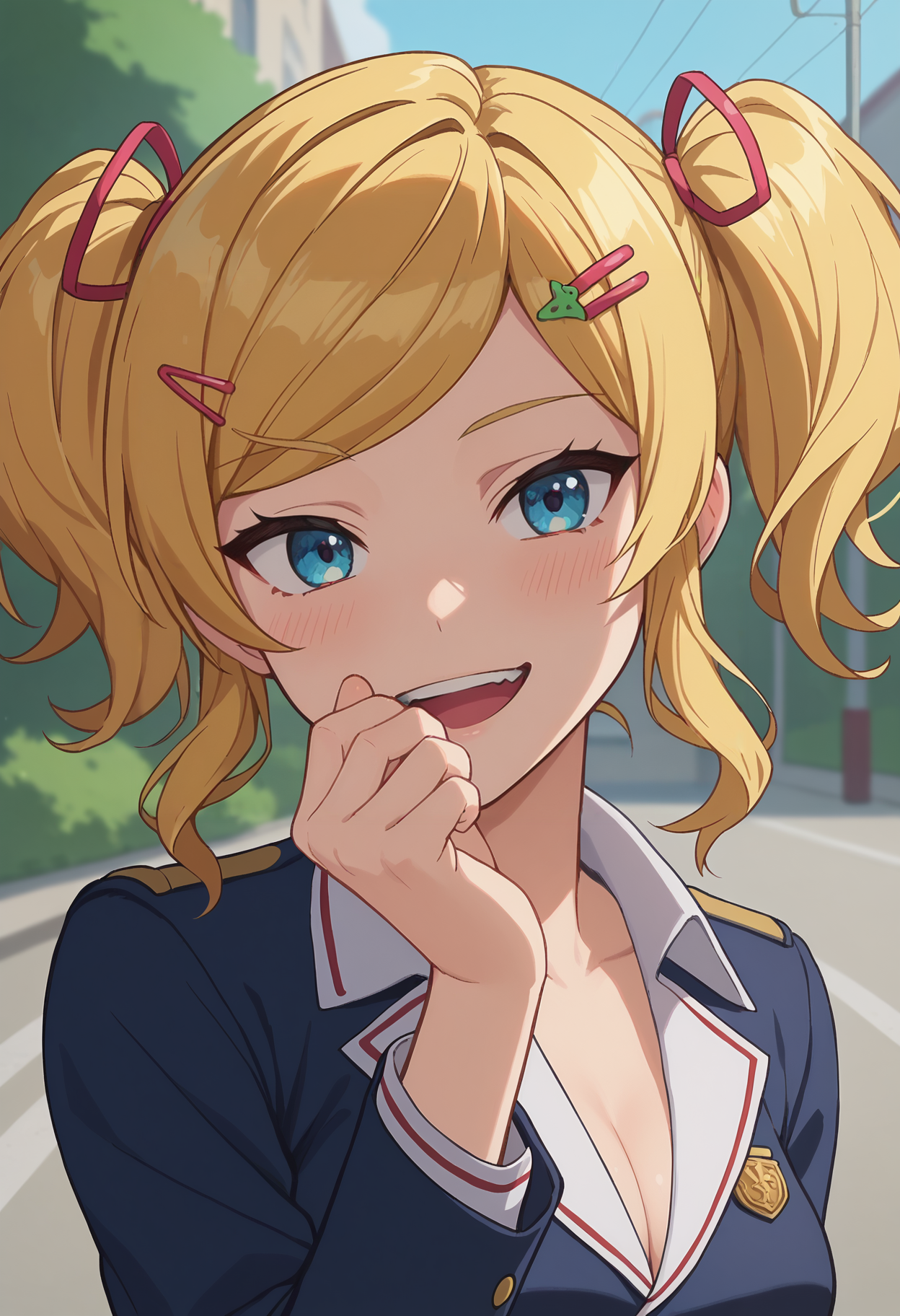 score_9, score_8_up, score_7_up, anime screencap, source_anime, 1girl, solo,
<lora:Rika_Inoue_Seraph_of_the_End_V1:.85>, KJOrika, blonde hair, twintails, blue eyes, swept bangs, hairclip, 
black school uniform,
smug, hand over mouth, open mouth, head tilt, blush,
sunny, street,
(Beautiful, medium Breasts:1.2),