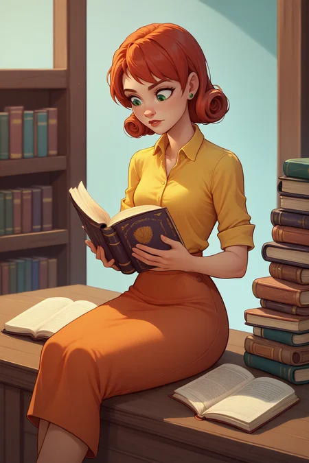 score_9, score_8_up, 1girl <lora:NSPennyStardew:1> NSPennyStardew, green eyes, short hair, red hair, earrings, curly hair, yellow collared shirt, orange skirt, sitting, reading, book, Disney, western_comics_(style)