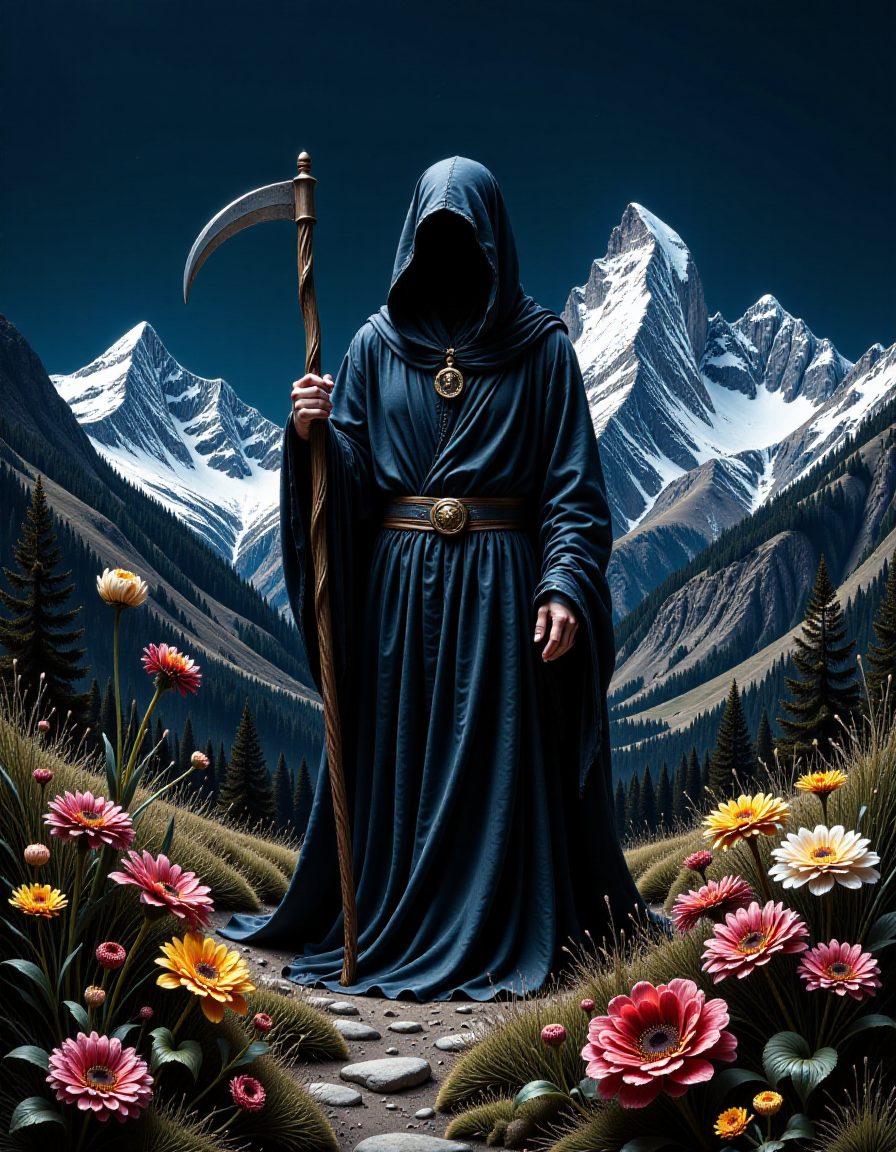 the grim reaper standing in front of the grand teton mountains in wyoming. At night the black sky is clear and light glints off of the snow covered mountains in the background. creeping shadow and darkness surround the grim reaper standing in the front of the picture. He is wearing black robes and is holding a scythe. He has an aura of ominous peril. colorful wilted wildflowers, highly detailed, intricate details,
<lora:FLUX.1-DEV_-_Decadence_Art_style_LoRA:1> Decadent art movement, debauchery, depraved, unhinged, excessundefined<lora:wow_details:0.75>âââ