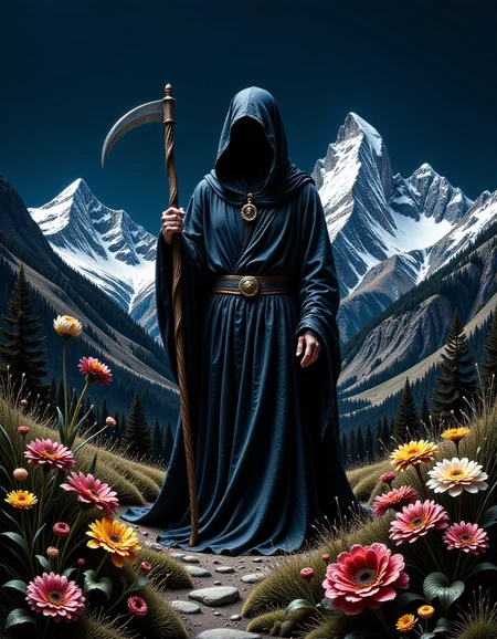 the grim reaper standing in front of the grand teton mountains in wyoming. At night the black sky is clear and light glints off of the snow covered mountains in the background. creeping shadow and darkness surround the grim reaper standing in the front of the picture. He is wearing black robes and is holding a scythe. He has an aura of ominous peril. colorful wilted wildflowers, highly detailed, intricate details,
<lora:FLUX.1-DEV_-_Decadence_Art_style_LoRA:1> Decadent art movement, debauchery, depraved, unhinged, excessundefined<lora:wow_details:0.75>âââ