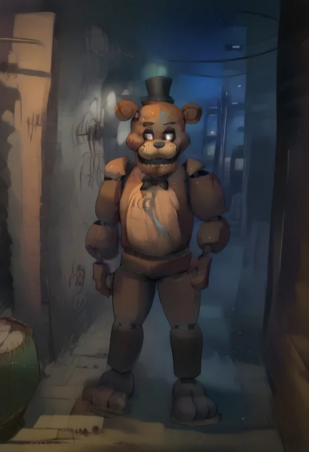 score_9, score_8_up, score_7_up, score_6_up, score_5_up,Cutesexyrobutts, , freddy, bear ears, top hat, night time, alleyway, trash, single light source, standing in the shadows, horror shot, dark, SGMSubway