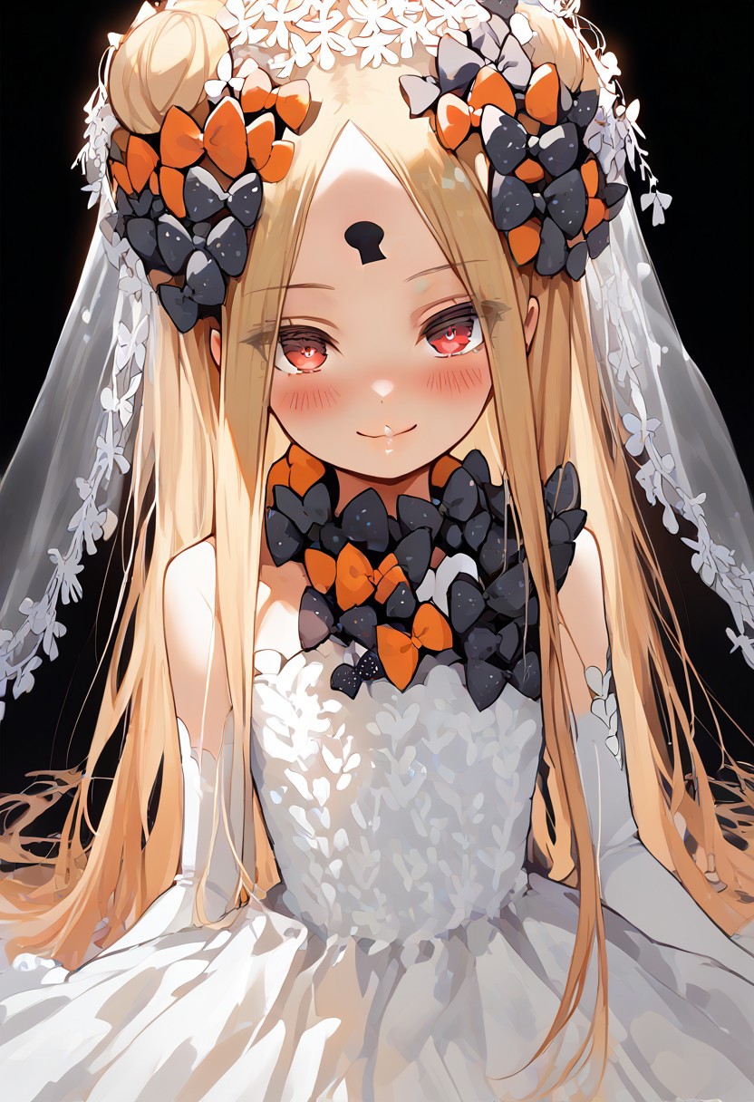 score_9,score_8_up,score_7_up, young, cute, small, abigail williams,
1girl, solo, thighhighs, blonde_hair, gloves, long_hair, elbow_gloves, red_eyes,  white_gloves, smile, black_background, dress,  bow, blush, black_bow, simple_background, white_dress, bangs, looking_at_viewer, strapless_dress, hair_bow, closed_mouth, veil,  asymmetrical_legwear, very_long_hair, parted_bangs, hair_bun, wedding_dress, head_tilt