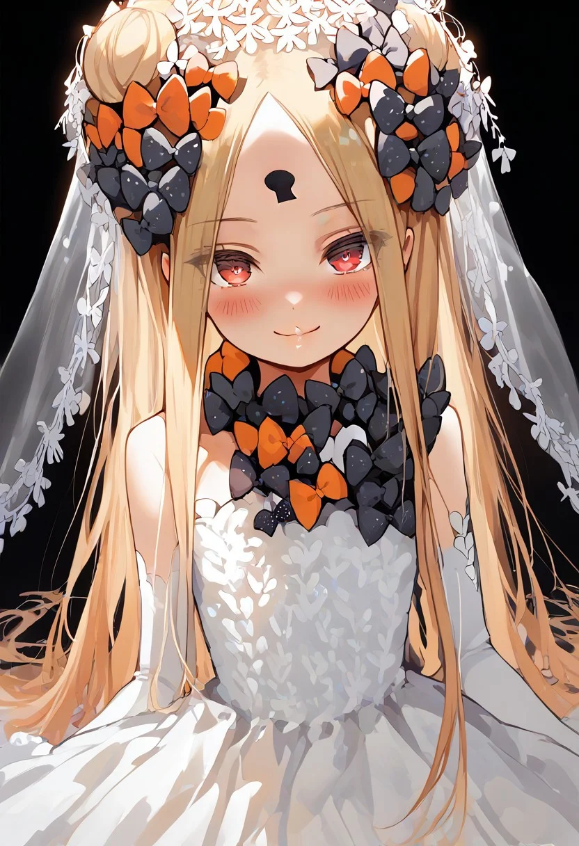 score_9,score_8_up,score_7_up, young, cute, small, abigail williams,
1girl, solo, thighhighs, blonde_hair, gloves, long_hair, elbow_gloves, red_eyes, white_gloves, smile, black_background, dress, bow, blush, black_bow, simple_background, white_dress, bangs, looking_at_viewer, strapless_dress, hair_bow, closed_mouth, veil, asymmetrical_legwear, very_long_hair, parted_bangs, hair_bun, wedding_dress, head_tilt