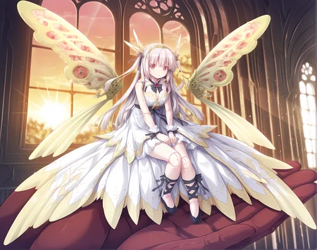 <lora:Lilica>,lilica,small breasts,doll joints,mechanical fairy wings,white hair,long hair,bangs,red eyes,two side up,tiara,hands on lap,light rays,dappled sunlight,window,sunset,looking at viewer,full body,size difference,doll outfit,(dark shadows:0.7),(high contrast:0.7),volumetric lighting,intricate details,blurry background,depth of field,, masterpiece,best quality,amazing quality, very aesthetic, absurdres,detailed eyes,ultra-detailed,